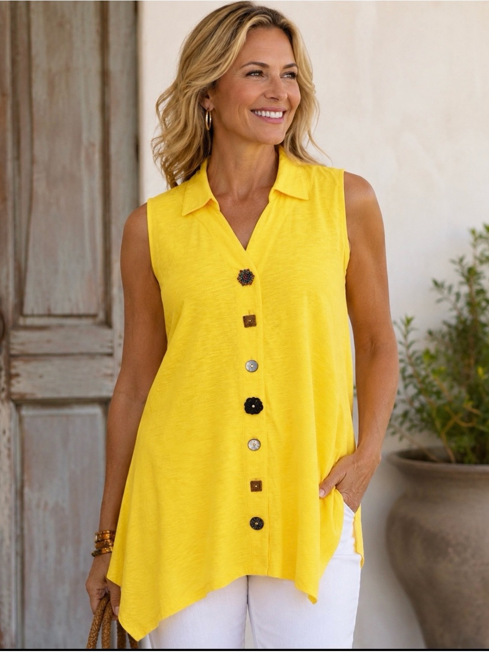 Soft Surroundings Danielle Button Tank Yellow Sunstruck 100% Cotton Tunic Top L